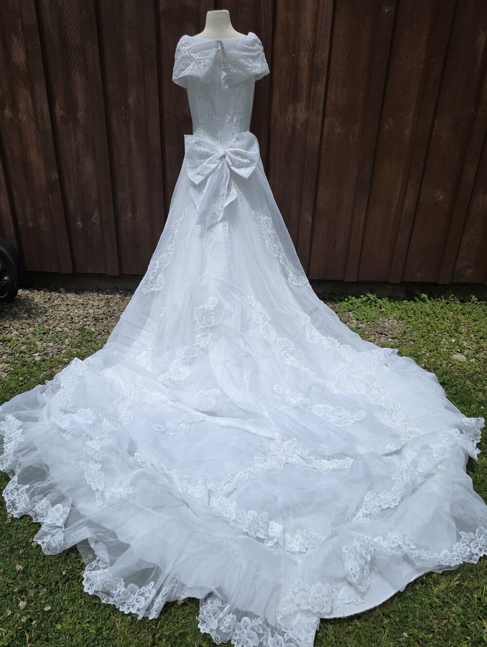Off Shoulder Long Train Beaded Wedding Dress